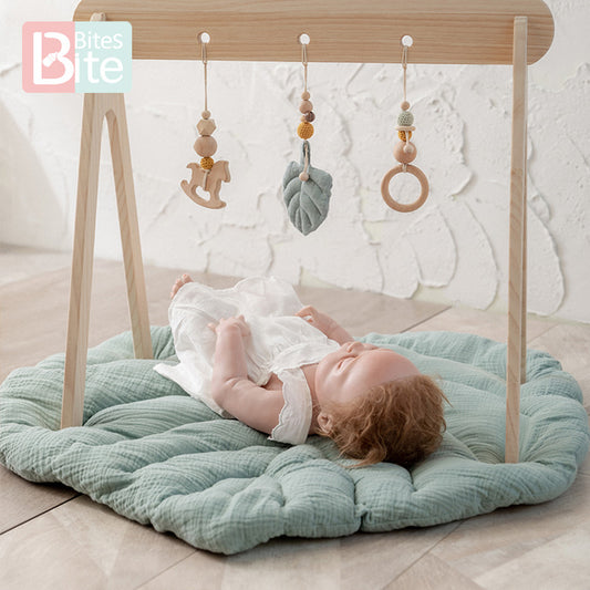 Baby Wooden Teether Gym Play Toys Cotton Leaves Mat