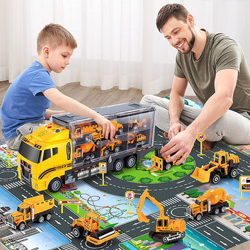 Big Container Transporter Playset with Play Mat & 6PCS Mini Engineering Vehicle Car Model Toys For Kids