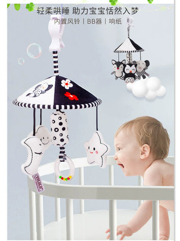 Black and White Suspension Umbrella Newborn Baby Bed Bell Visual Stroller Pendant Wind Chimes 0-1 Years Old Early Education Toys Soothing